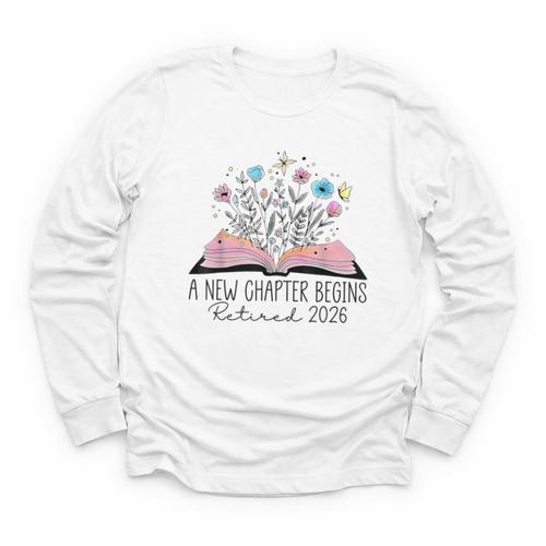 Floral Book A New Chapter Begins Retired 2026 Retirement Youth Long Sleeve Tee - Bookorys CA