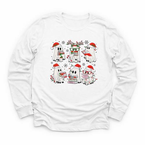 Ghost Book Reading Christmas Books Lover Teacher Kids Youth Long Sleeve Tee - Bookorys CA