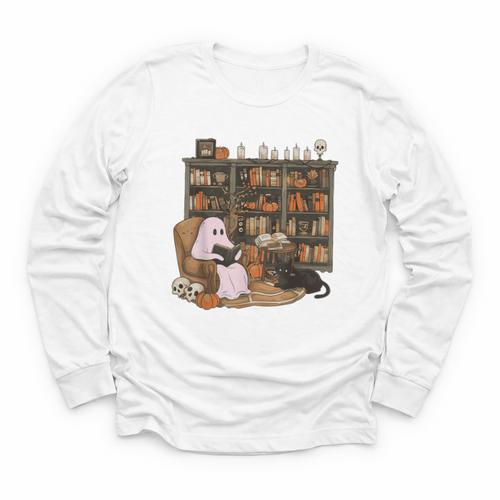 Ghost Reading Book Cat Lover Halloween Reading Enthusiast Youth Long Sleeve Tee - Bookorys DE