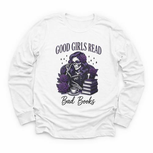 Good Girls Read Bad Books Sarcastic Skeleton Goth Skull Youth Long Sleeve Tee - Bookorys