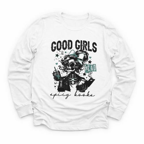 Good Girls Read Spicy Skeleton Book Club Youth Long Sleeve Tee - Bookorys DE