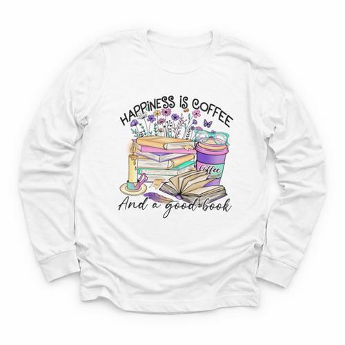 Happiness Is Coffee And a Good Book Women Love Reading Book Youth Long Sleeve Tee - Bookorys CA