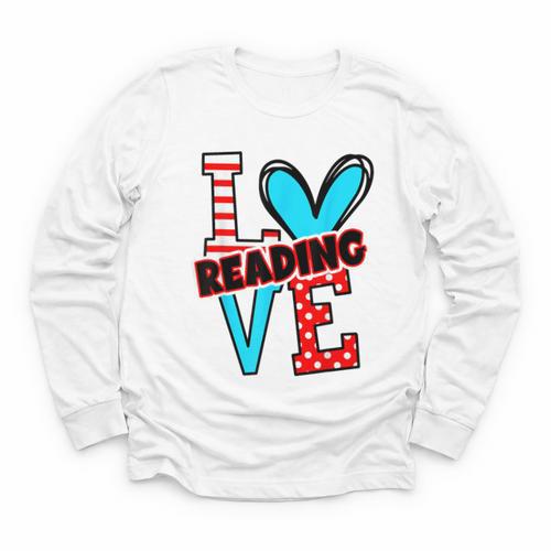 I Heart Books Love Reading Red And Stripe Animated Cat For Men Women Girls Kids Youth Long Sleeve Tee - Bookorys CA