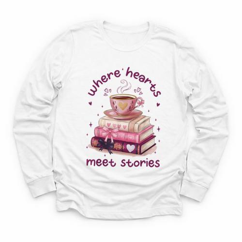Where Hearts Groovy Meet Stories Coffee Books Valentines Day Youth Long Sleeve Tee - Bookorys CA