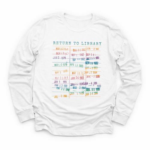 Library Card Vintage Book Due Date Bookish Rainbow Reading Youth Long Sleeve Tee - Bookorys