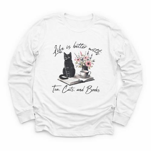 Life Better With 2 Cats Books Kitten Kitty Women Girls Kids Youth Long Sleeve Tee - Bookorys