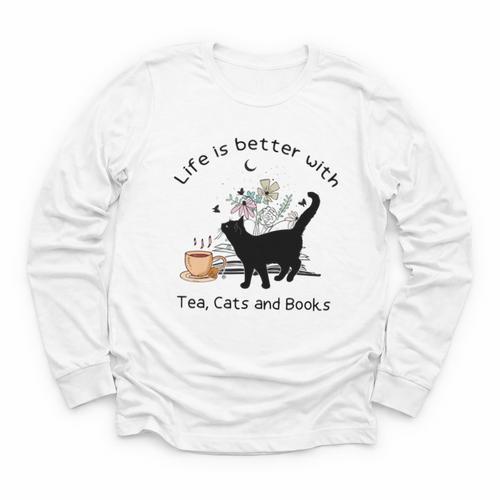 Life Is Better With Tea Cats And Books Cat Sayings Youth Long Sleeve Tee - Bookorys CA