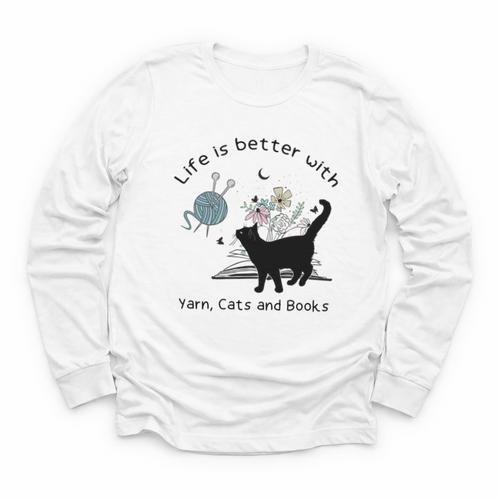 Life Is Better With Yarn Cats And Books Youth Long Sleeve Tee - Bookorys