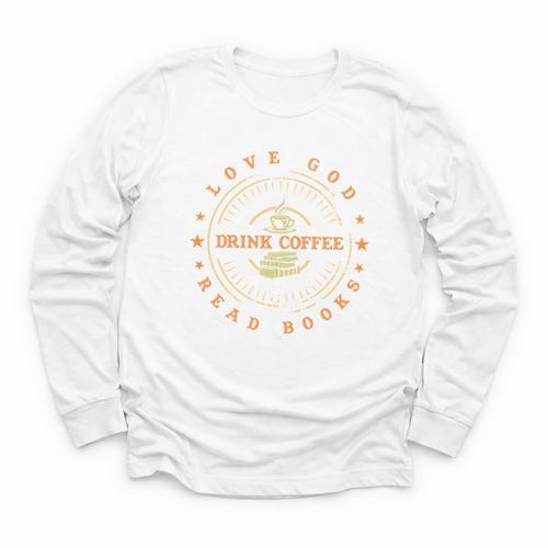 Love God Drink Coffee Read Books Lovers Vintage Youth Long Sleeve Tee - Bookorys