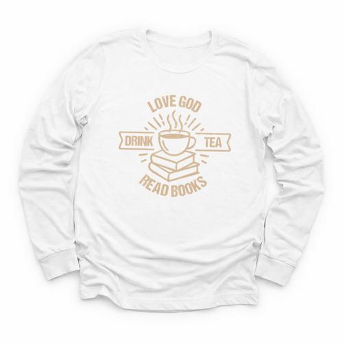 Love God Drink Tea Read Books Lovers Vintage Christian Youth Long Sleeve Tee - Bookorys