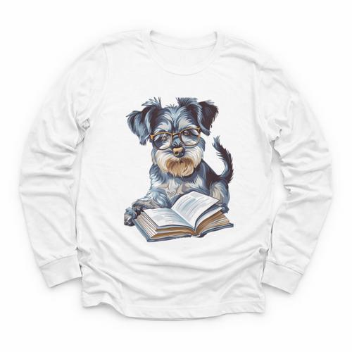 Nerdy Schnauzer Dog Book Lover Glasses Cute Pet For Men Women Kids Youth Long Sleeve Tee - Bookorys CA