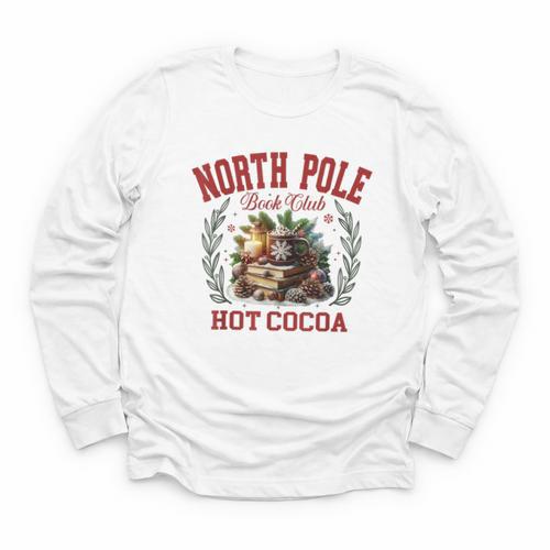 North Pole Book Club Hot Cocoa Bookworm Christmas Xmas Youth Long Sleeve Tee - Bookorys
