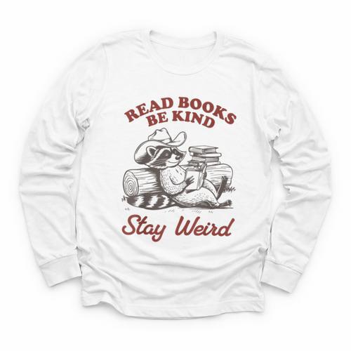 Read Books Be Kind Stay Weird Bookish Cowboy Reading Raccoon Youth Long Sleeve Tee - Bookorys