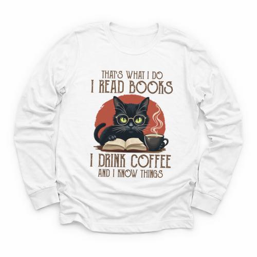 i Read Books And i Know Things Cat Reading Coffee Youth Long Sleeve Tee - Bookorys CA