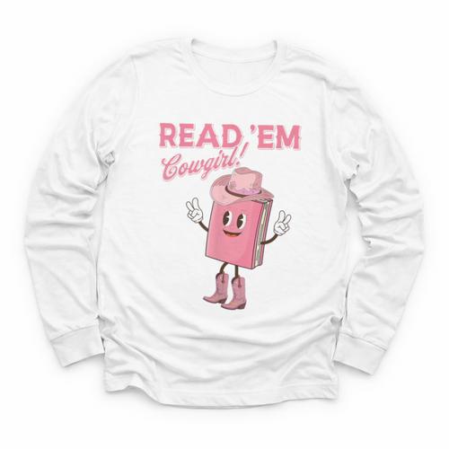 Read 'Em Western Cowgirl Retro Groovy Reading Books Youth Long Sleeve Tee - Bookorys CA