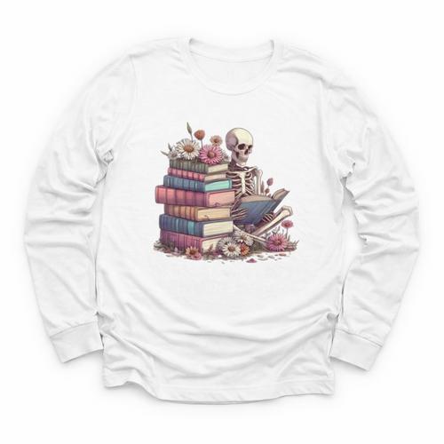 Reading A Book Per Day Keeps Reality Away Skeleton Books Youth Long Sleeve Tee - Bookorys DE