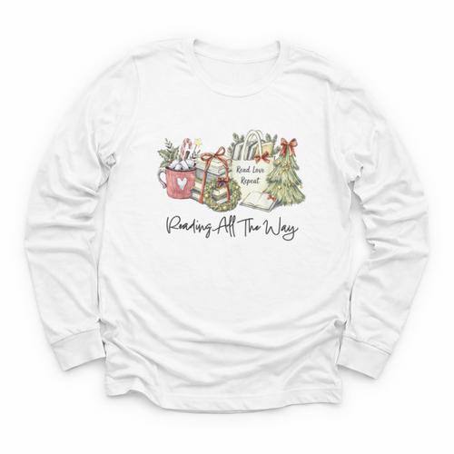 Reading All The Way Christmas Book Lover For Women And Teens Youth Long Sleeve Tee - Bookorys