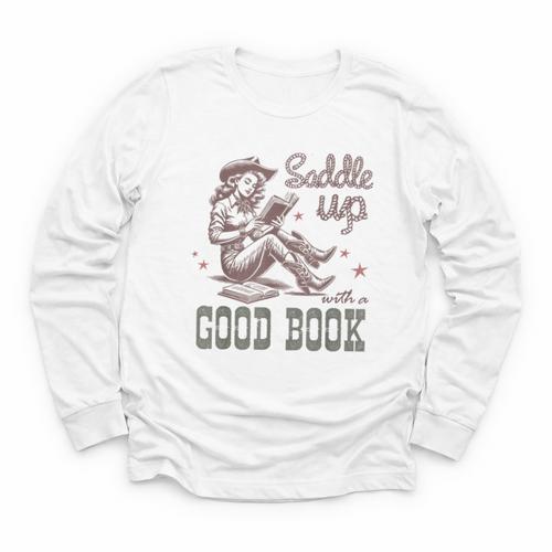 Retro Cowgirl ReadingTee Saddle Up With A Good Book Western Youth Long Sleeve Tee - Bookorys