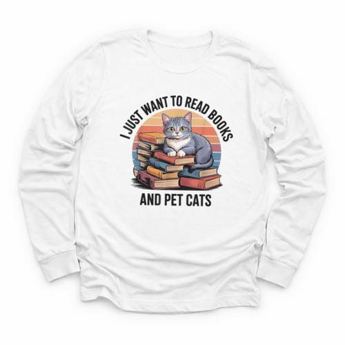 Retro I Just Want To Read Books And Pet Cats Cat Youth Long Sleeve Tee - Bookorys