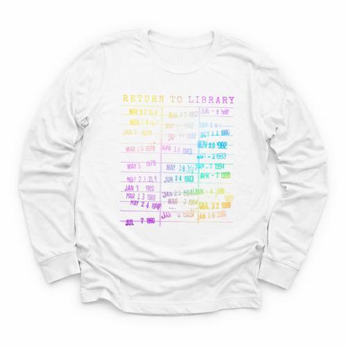 Return To Library Card Book Due Date Bookish Rainbow Reading Youth Long Sleeve Tee - Bookorys