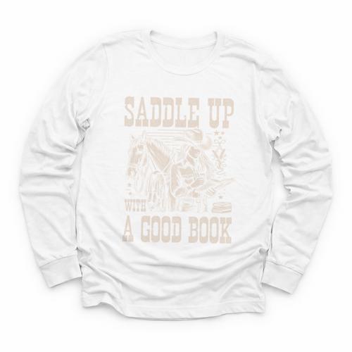 Saddle Up With a Good Book Cowgirl Western Women Vintage Youth Long Sleeve Tee - Bookorys