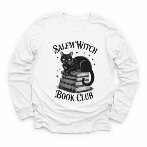 Salem Witch Book Club Bookish Halloween Cat Women Youth Long Sleeve Tee - Bookorys