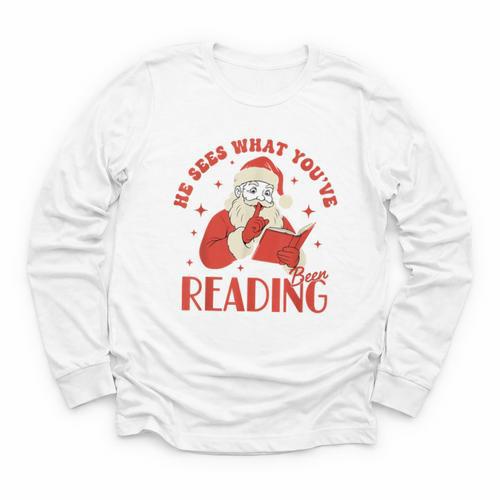 He Sees What You'Ve Been Reading Santa Book Youth Long Sleeve Tee - Bookorys CA