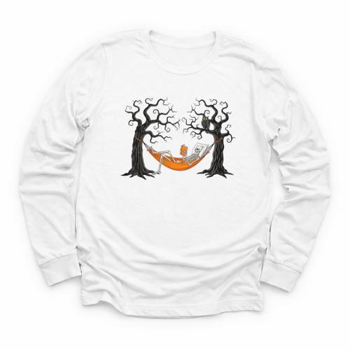 Skeleton Reading Book In Hammock Halloween Reader Youth Long Sleeve Tee - Bookorys AU