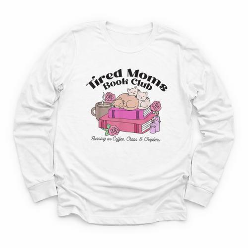Tired Moms Book Club Running On Coffee Chaos And Chapter Cat Youth Long Sleeve Tee - Bookorys