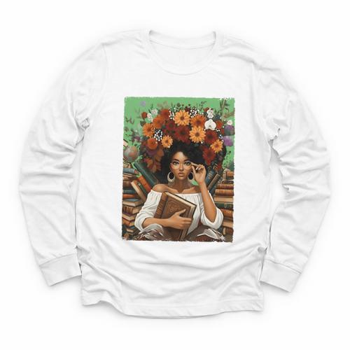 History Month Black Afro Girl Women Book Lovers Floral Youth Long Sleeve Tee - Bookorys