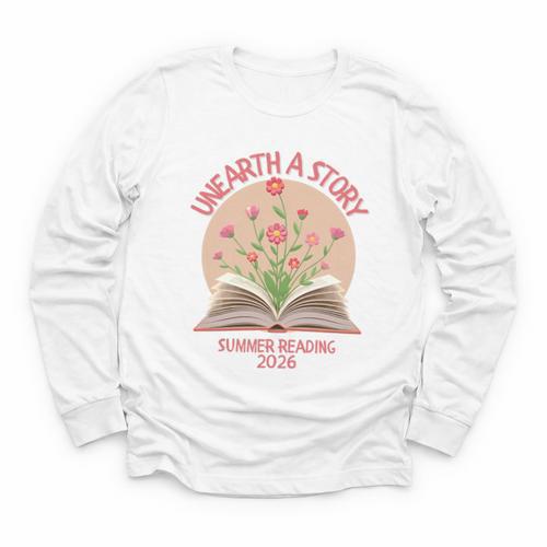 Unearth a Story 2026 Summer Reading Program Flowers Book Premium Tri-Blend Youth Long Sleeve Tee - Bookorys