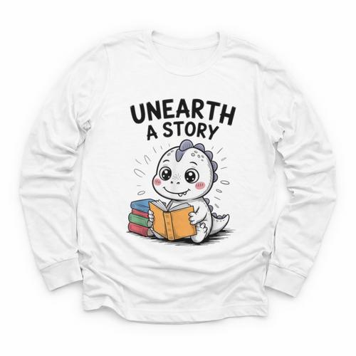 Unearth a Story Cute Dinosaur Summer Reading 2026 Dino Book Youth Long Sleeve Tee - Bookorys