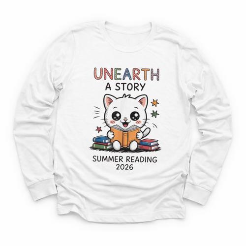 Unearth a Story Cute Kitten Summer Reading 2026 Cat Book Youth Long Sleeve Tee - Bookorys AU