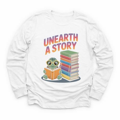 Unearth A Story Cute Turtle Reading Books Librarian Youth Long Sleeve Tee - Bookorys
