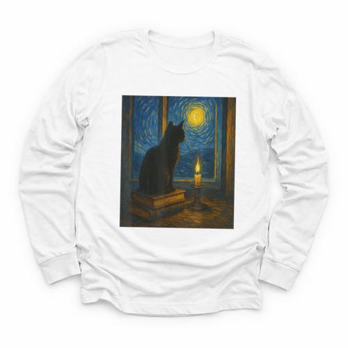 Van Gogh Starry Night Art Cat And Book Lovers Youth Long Sleeve Tee - Bookorys UK