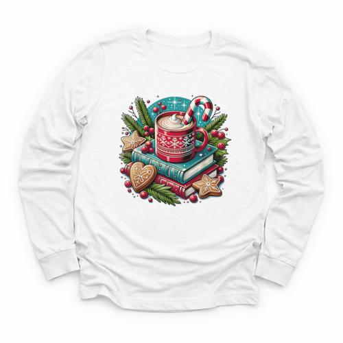 Vintage Cozy Winter Hot Cocoa Books Gingerbread Book Lovers Youth Long Sleeve Tee - Bookorys
