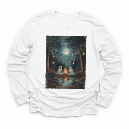 Vintage Ghost Book Reading Camping Gothic Halloween Teachers Youth Long Sleeve Tee - Bookorys