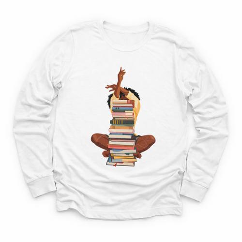 Woman And Books Stack Afro Girl Book Lover Youth Long Sleeve Tee - Bookorys DE