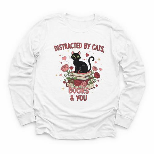 Women's Cat Books Romantic Floral Aesthetic Book Lover Cat Owner Youth Long Sleeve Tee - Bookorys CA