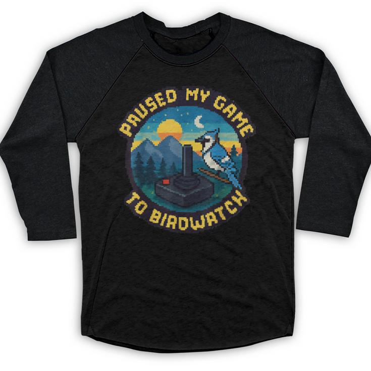 8-Bit Gamer Birder Blue Jay Arcade Nostalgia Nature Baseball Raglan Shirt