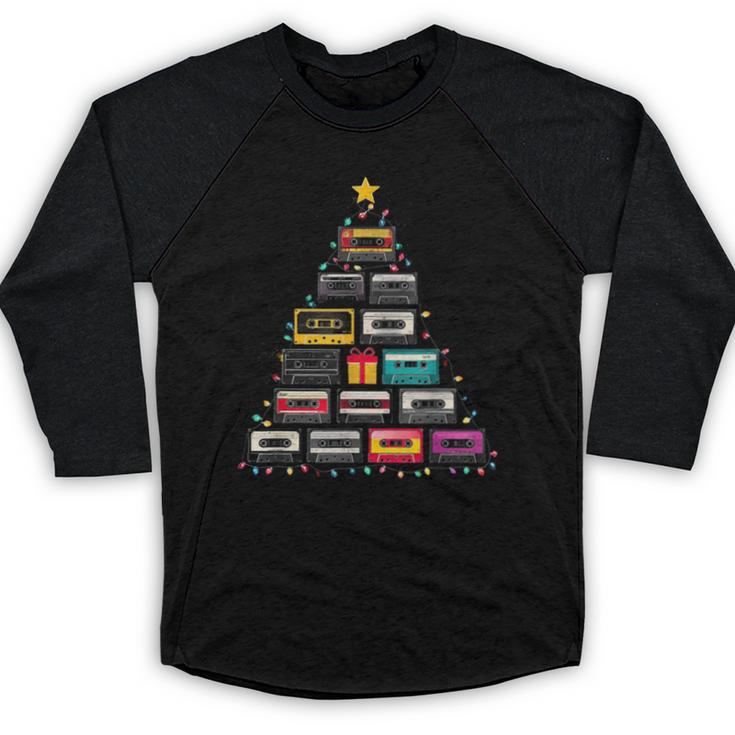 Cassette Tape Christmas Tree Graphic 80s 90s Retro Nostalgia Baseball Raglan Shirt