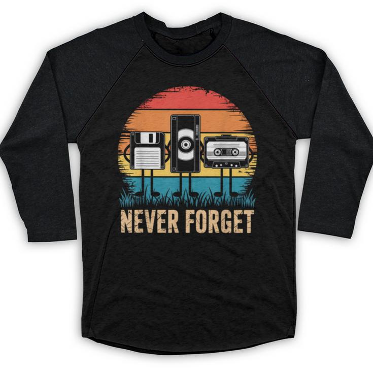 Never Forget Retro 80s 90s Floppy VHS Cassette Nostalgia Baseball Raglan Shirt