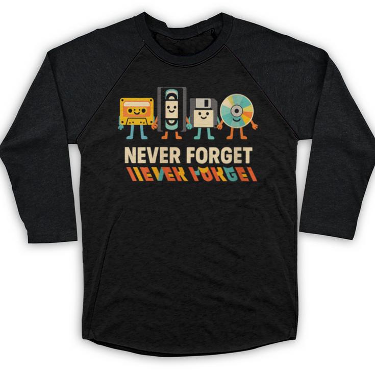 Never Forget Retro Cassette VHS Floppy CD Nostalgia Humor Baseball Raglan Shirt