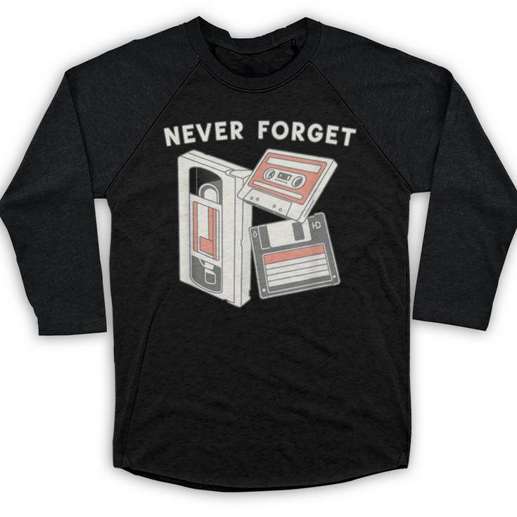 Never Forget VHS Tape Cassette Floppy Disk Nostalgia 80s 90s Baseball Raglan Shirt