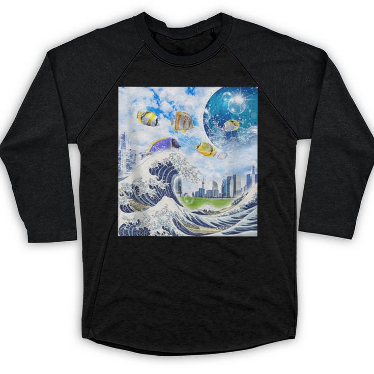 Frutiger Aero Aesthetic Tech Great Wave Of Kanagawa Fishes Baseball Raglan Shirt
