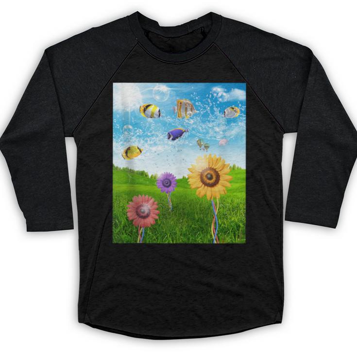 Frutiger Aero Aesthetic Tech Scenery Fishes Sunflower Baseball Raglan Shirt