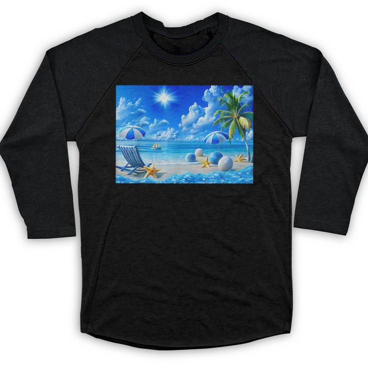 Frutiger Aero Beach Y2k Aesthetic Palm Tree Sand Ocean Men Women Girls Kids Baseball Raglan Shirt