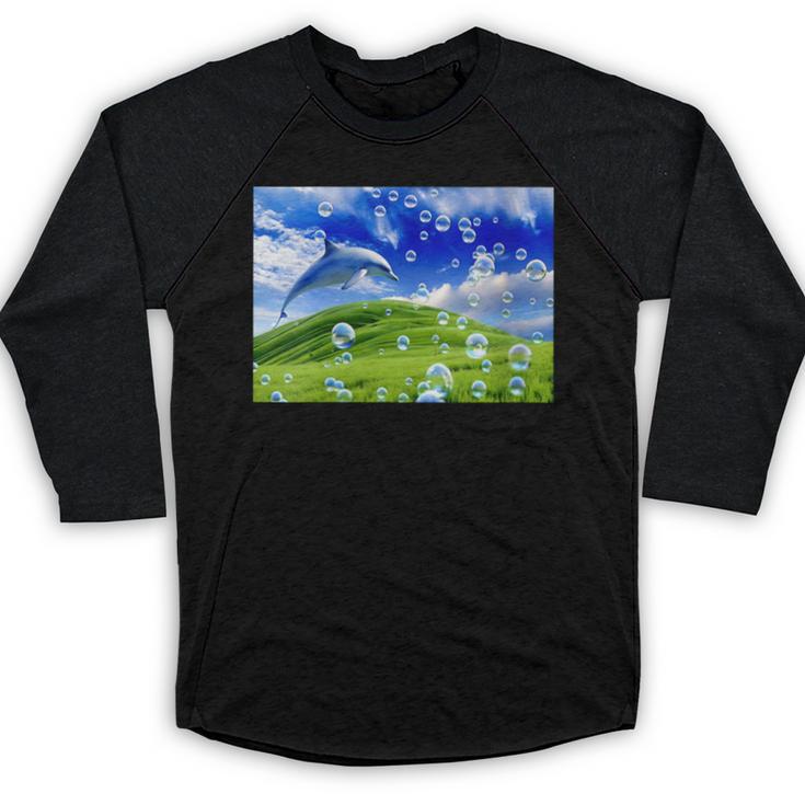 Frutiger Aero Dolphin Meadow Aesthetic Y2k 2000s Ironic Baseball Raglan Shirt