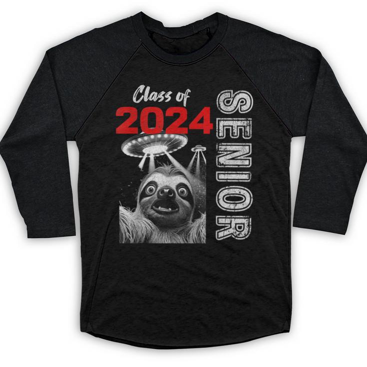 Fun Trendy UFO Sloth Graduation Class Of 2024 Senior Baseball Raglan Shirt