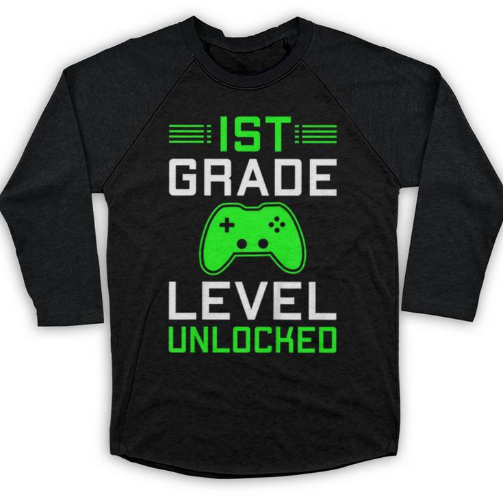 Kids 1st Grade Level Unlocked Back To School Gamer Graduation Baseball Raglan Shirt